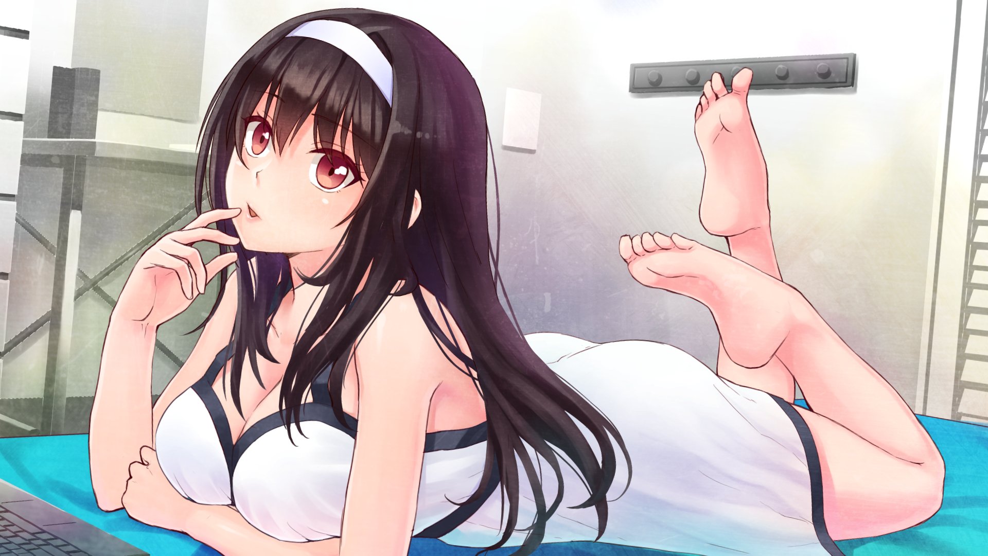 Barefoot Bed Black Hair Breasts Cleavage Computer Headband