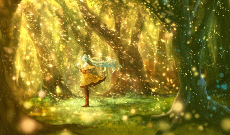 bou, Nin, Forest, Grass, Hatsune, Miku, Long, Hair, Petals, Scenic, Skirt, Tree, Twintails, Vocaloid, Yellow HD Wallpaper Desktop Background