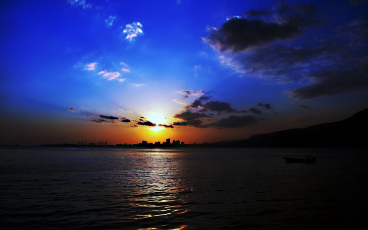 sunset, Sky, Clouds, Blue, Orange, Sea, Boat, Sailing, Landscapes, Nature, Earth HD Wallpaper Desktop Background