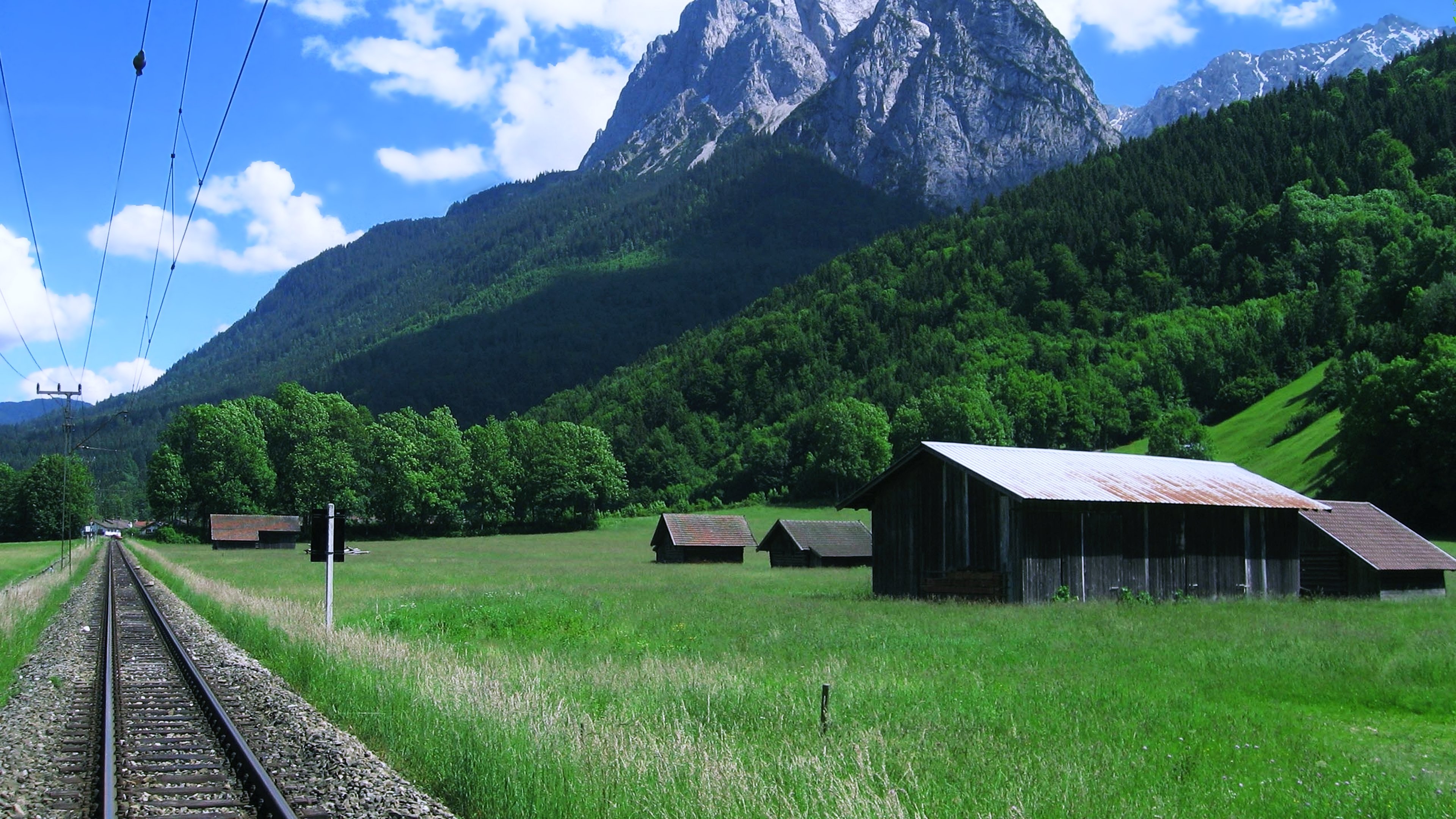 countryside, Houses, Farms, Mountains, Trees, Sky, Clouds, Green, Forest, Jungle, Railroad Wallpaper