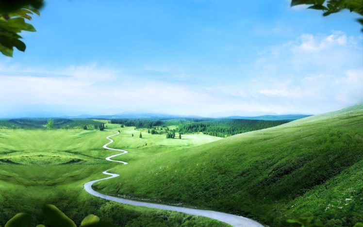green, Landscapes, Hills, Road, Long, Way, Path, Trees, Nature, Earth, Sky, Clouds HD Wallpaper Desktop Background