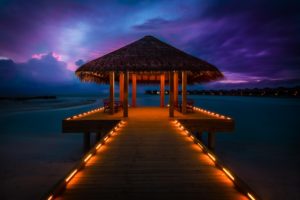 maldives, Sunset, Sun, Bungalows, Ocean, Lights, Landscape