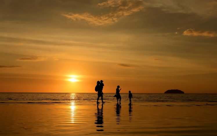 silhouette, Landscape, Sunset, Family, Sea, Beach, Ocean, Reflection HD Wallpaper Desktop Background