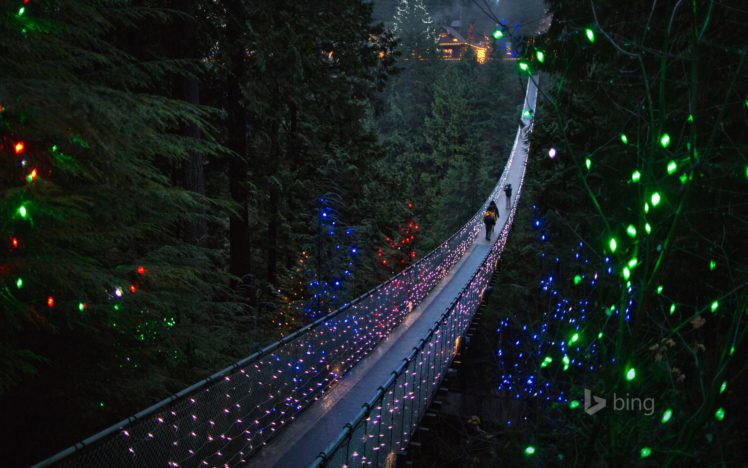 vancouver, British, Columbia, Canada, Capilano, British, Columbia, Canada, The, Suspension, Bridge, Bridge, Trees, Forest, Nature, Holiday, Lights, People, Landscape HD Wallpaper Desktop Background