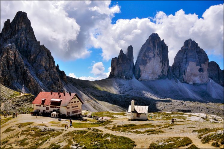 lavaredo, Paterno, Italy, Mountains, Landscapes, Earth, Nature, Houses, Countryside, Clouds, Sky, Traveling, Trips, People, High HD Wallpaper Desktop Background