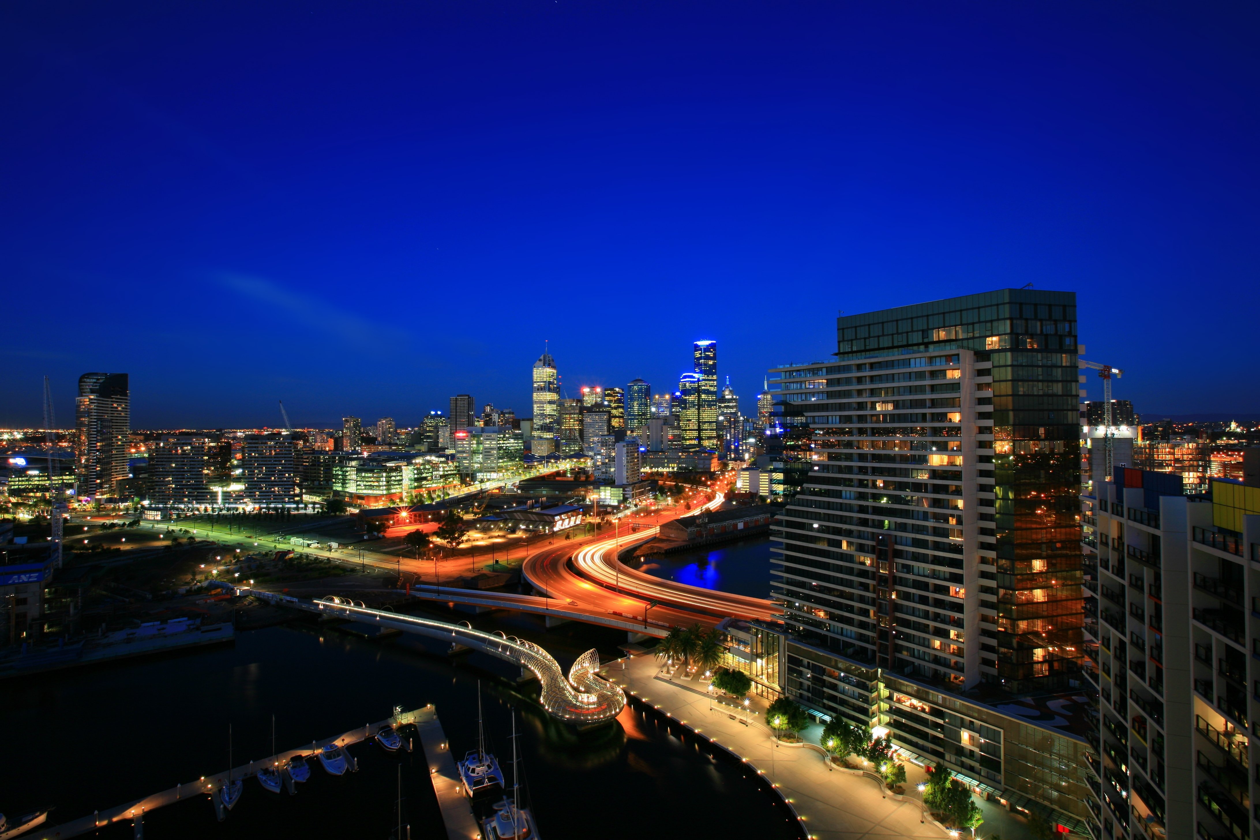 melbourne, Australia, Country, City, Lights, Evening, Buildings, Sky, Blue, Skyscrapers, Hotels, Port, Boats, Sea Wallpaper
