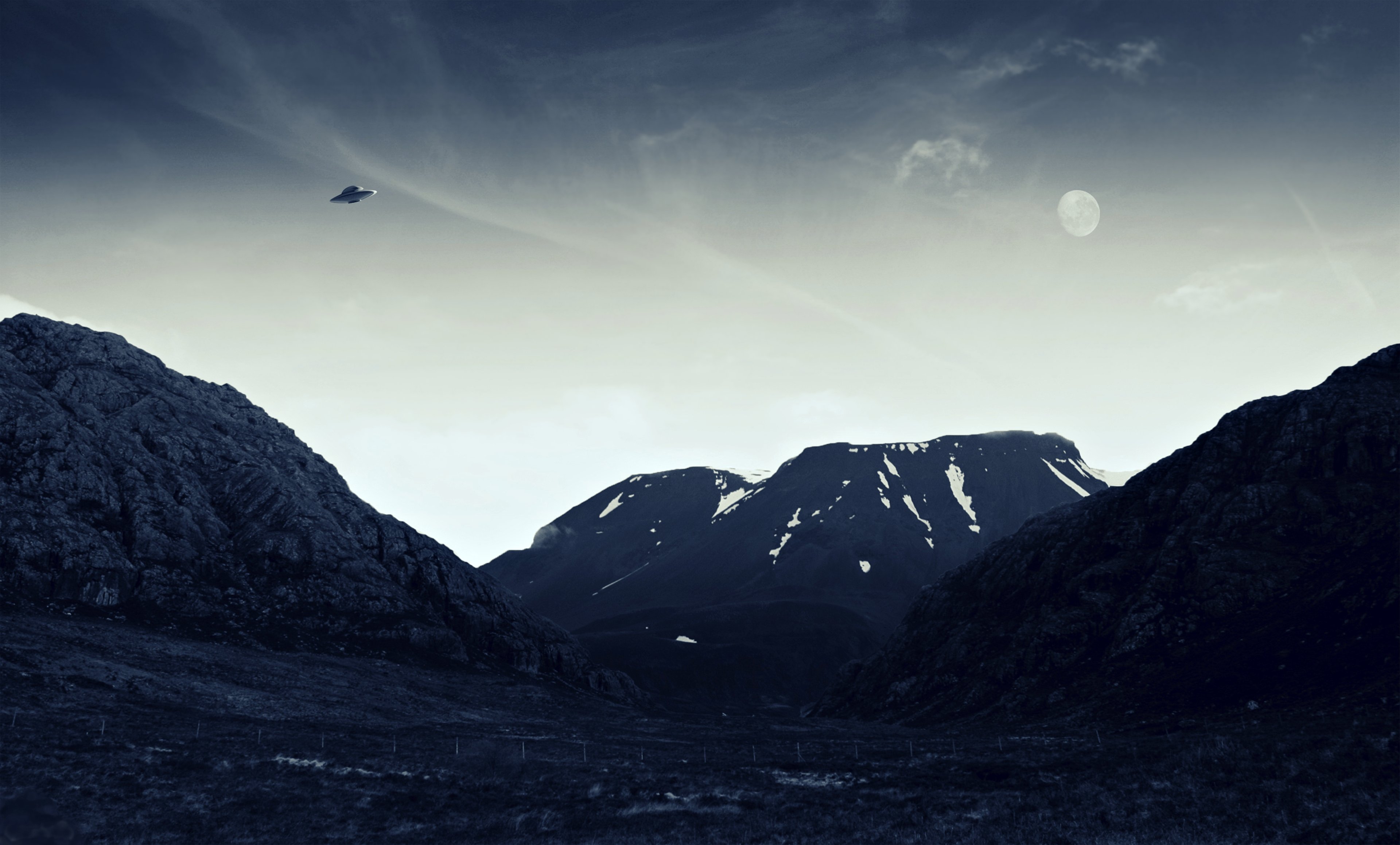 landscapes, Nature, Earth, Ufo, Aliens, Hills, Countryside, Sci fi, Space, Spaceship, Moon, Sky Wallpaper