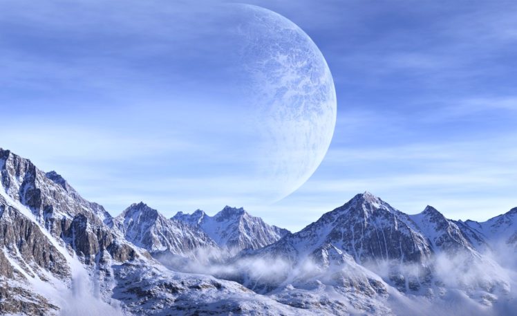planets, Mountains, Snow, White, Sky, Space, Clouds, Imagination, Fantasy, Nature, Landscapes HD Wallpaper Desktop Background