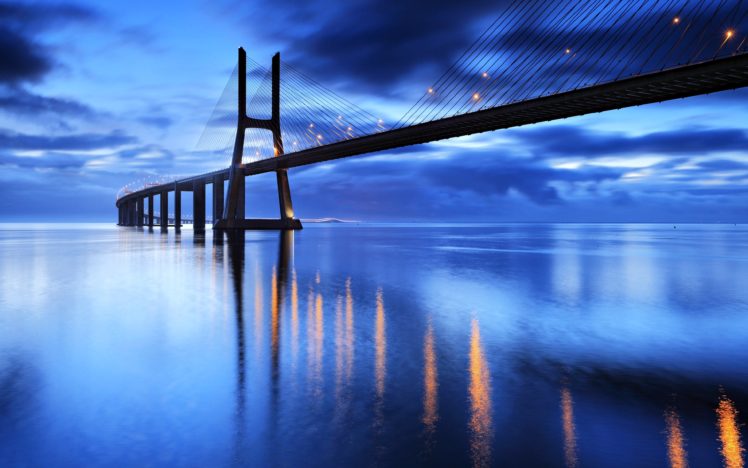 bridge, Sea, Sky, Clouds, Evening, Lights, Way, Road, Path HD Wallpaper Desktop Background