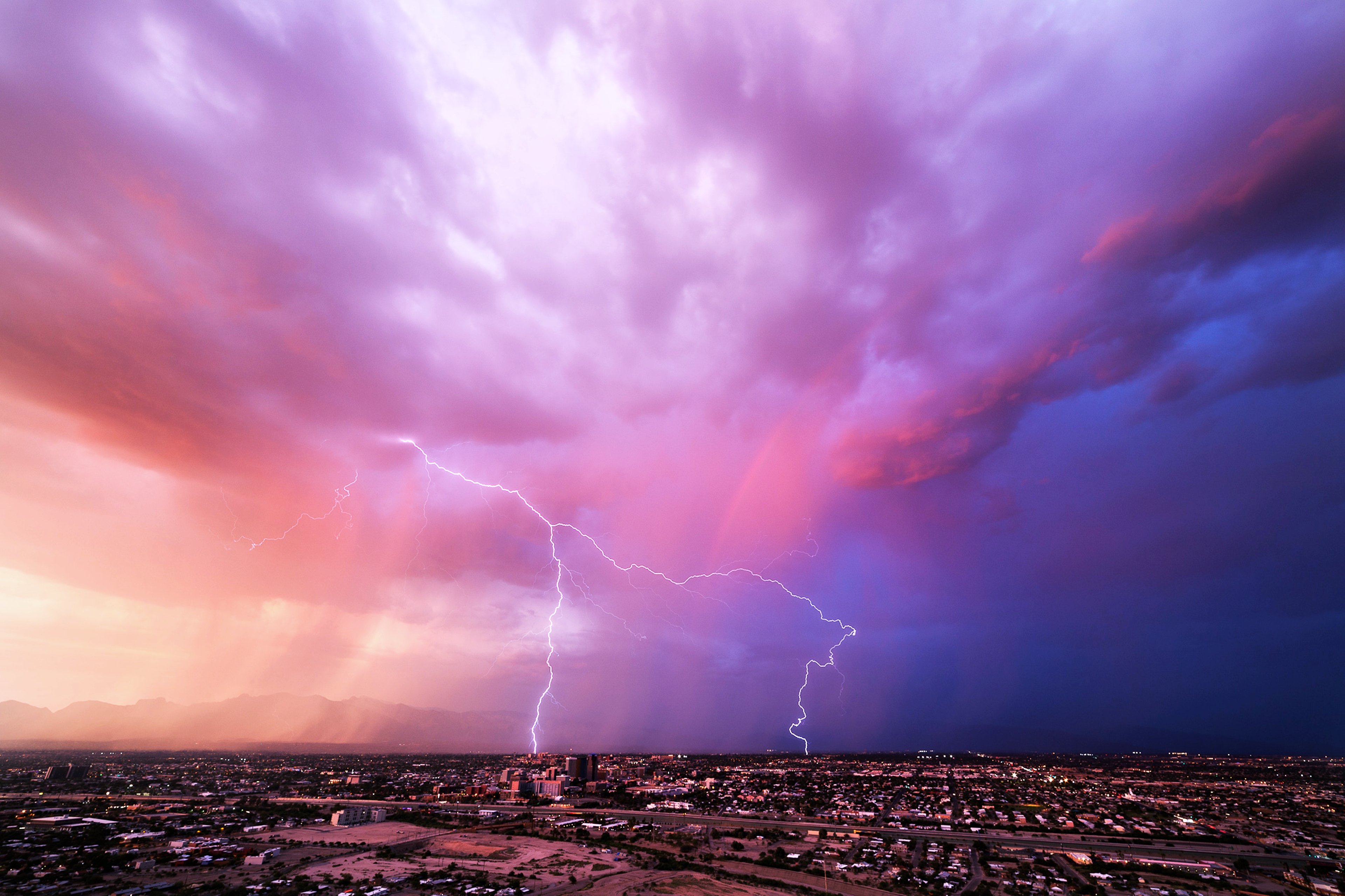 clouds, Sky, Town, Houses, Landscapes, Nature, Earth, Rain, Lightning, Thunders, Storms, City, Summer, Rainbow Wallpaper
