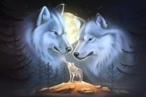 wolf, Wolves, Predator, Carnivore, Fantasy, Artwork, Moon, Night