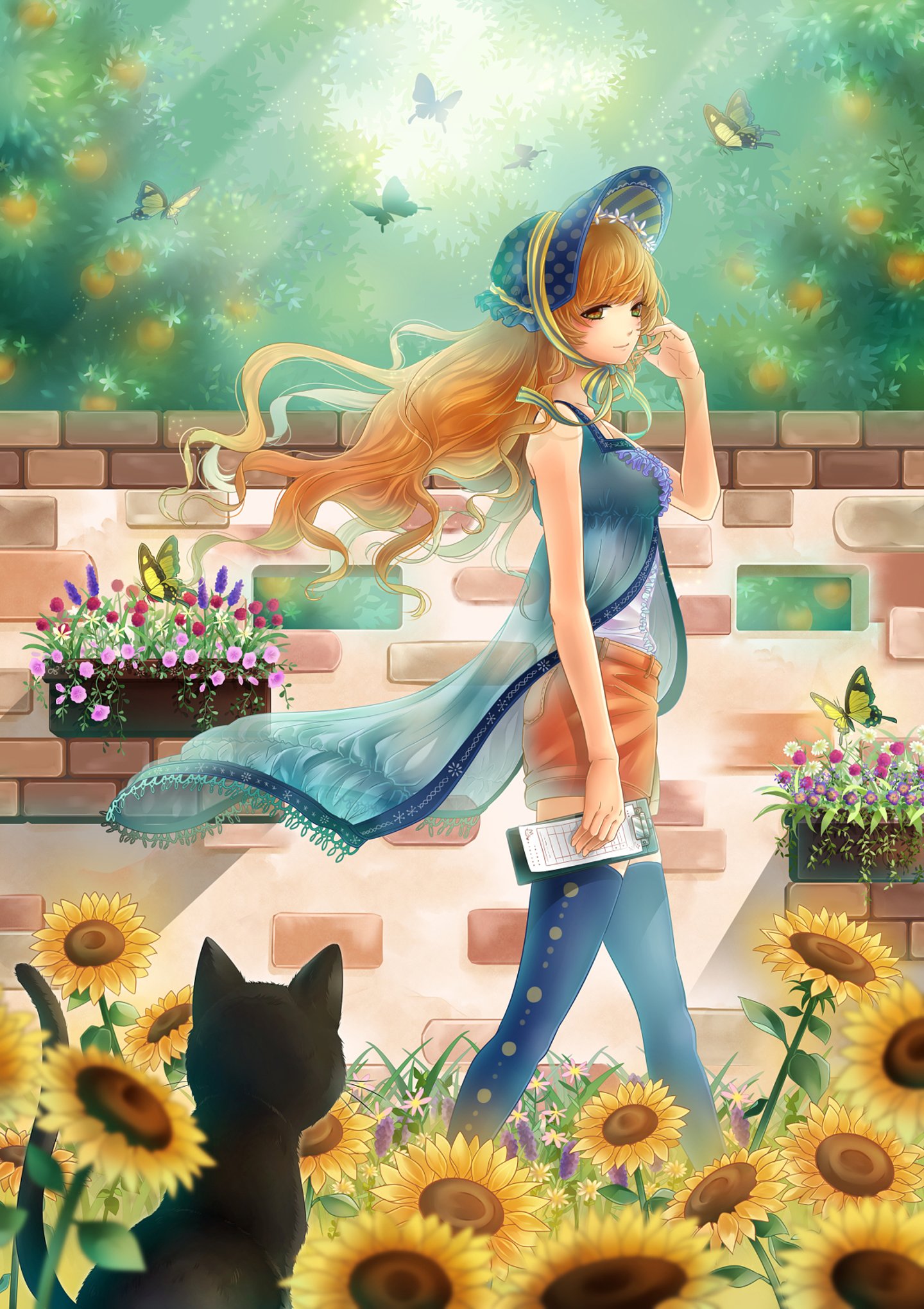 original, Anime, Girl, Sunflower, Summer, Dress, Flower, Cat, Butterflyanimal Wallpaper