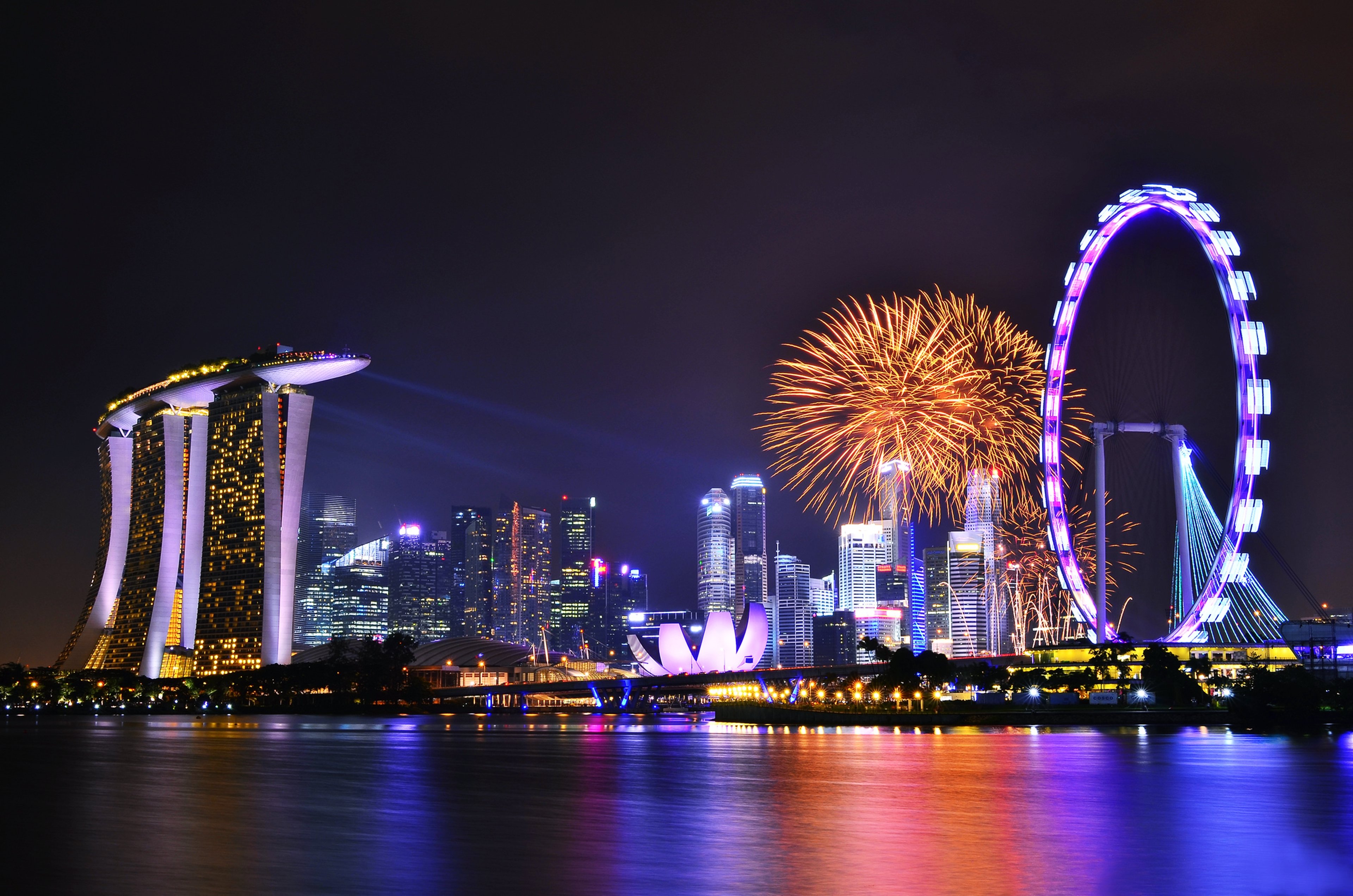 singapore, Fireworks, Celebrations, Festivals, Lights, Skyscrapers, Hotels, City, Sea, Port, Buildings, Park, Fun, Joy, Enjoying, Wheel, Globalization, Evolution, Technology Wallpaper
