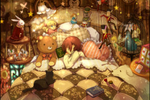 animal, Bed, Bird, Book, Brown, Hair, Bunny, Cat, Dog, Doll, Flowers, Night, Original, Puppet, Ribbons, Sleeping, Stars, Teddy, Bear, Yunomachi