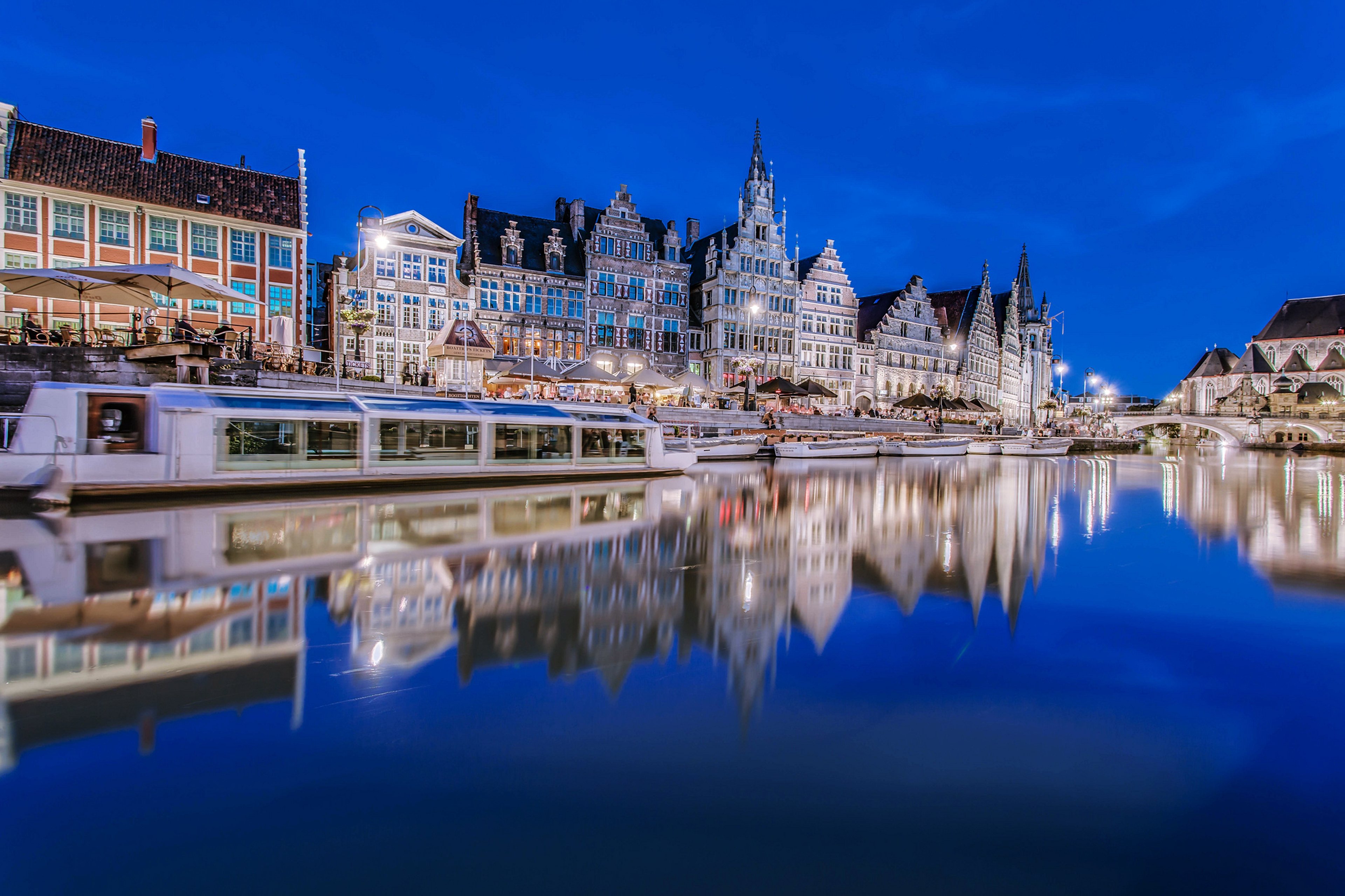 belgium, Port, Blue, Sky, Evening, Lights, Ships, Boats, Buildings