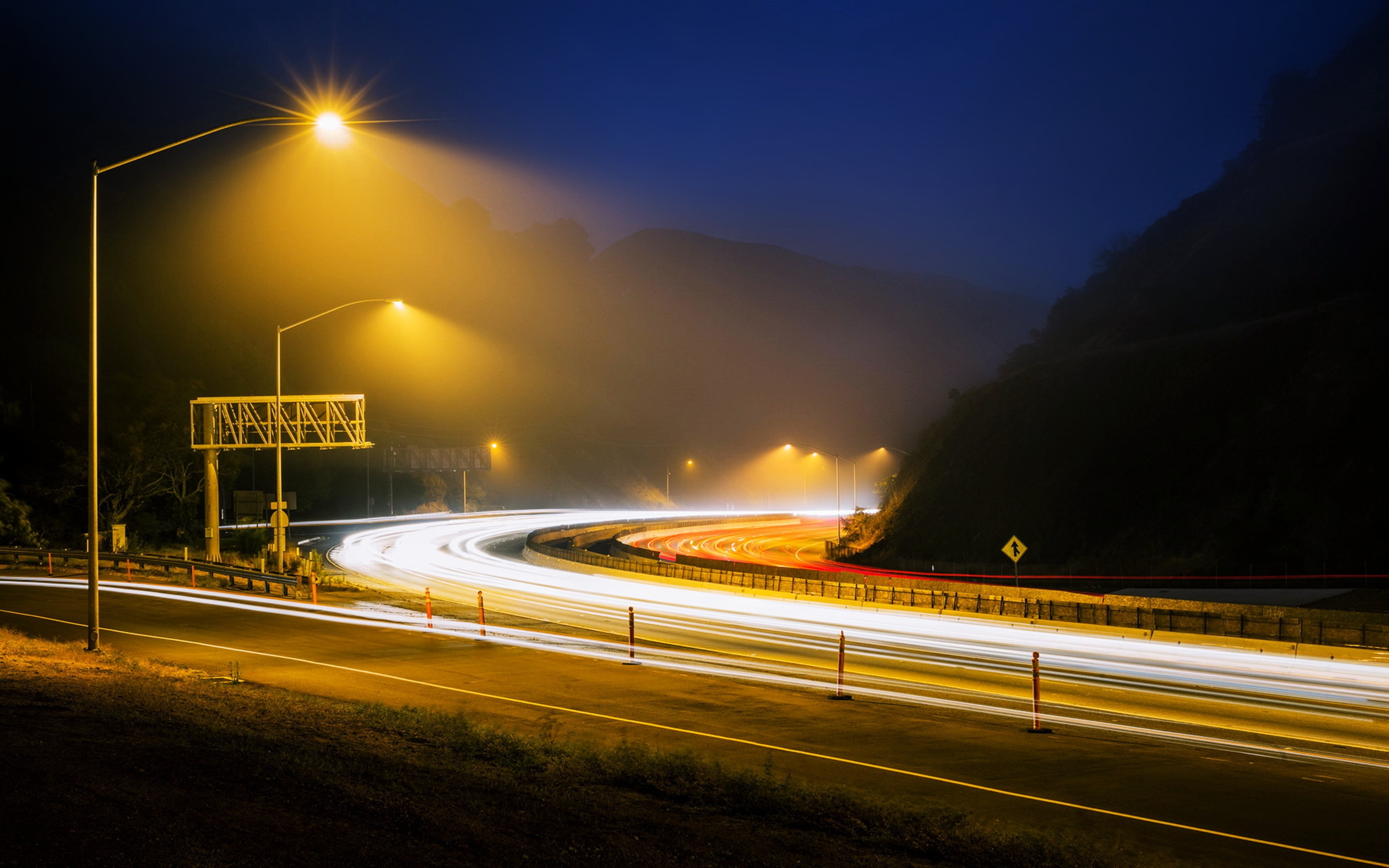 road, Night, Fog, Hills, Lamps, Way, Path, Lights, Landscapes, Nature