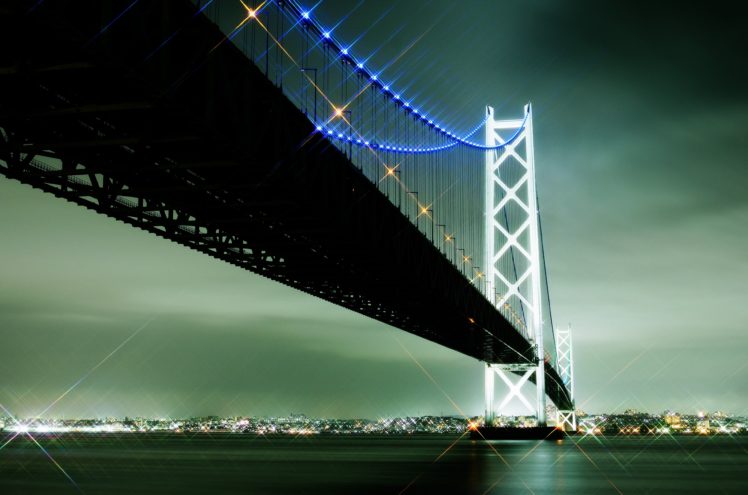 yaponiya, Japan, Akashi, Bridge, Sea, Lights, City, Sky, Clouds HD Wallpaper Desktop Background
