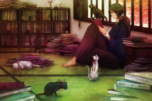 animal, Black, Hair, Book, Cat, Glasses, Green, Eyes, Japanese, Clothes, Male, Original, Ribbons