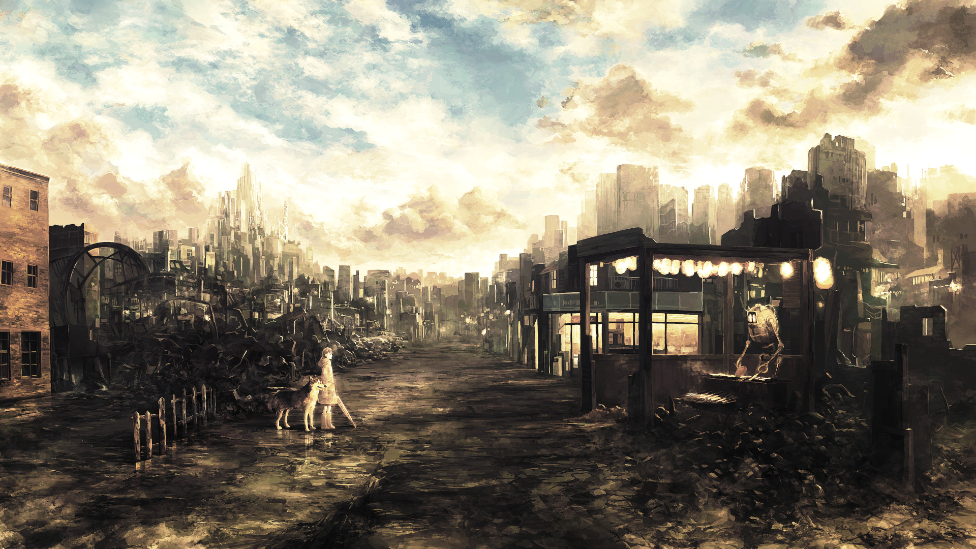 animal, Building, City, Clouds, Dog, Kusanagi, Koyori, Original, Robot, Ruins, Scenic, Sky, Tagme,  artist , Umbrella Wallpaper