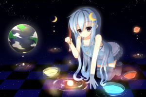 blue, Hair, Earth, If,  asita , Moon, Necklace, Original, Planet, Space, Stars, Thighhighs, Water, Wet