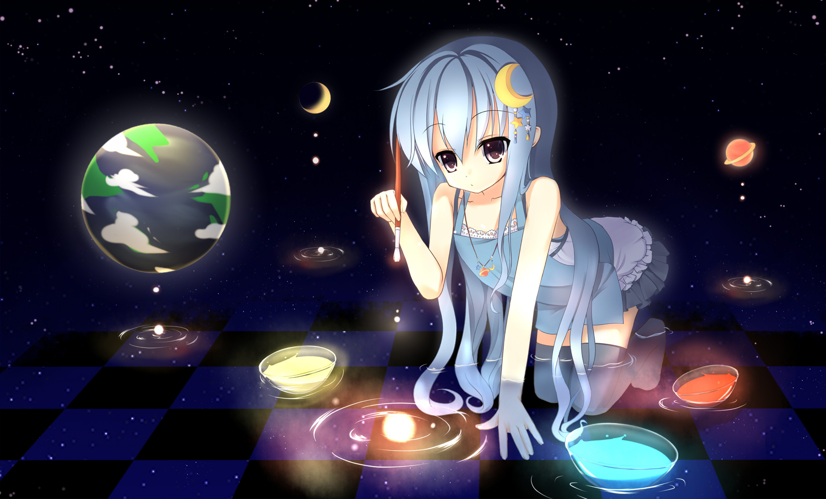 blue, Hair, Earth, If,  asita , Moon, Necklace, Original, Planet, Space, Stars, Thighhighs, Water, Wet Wallpaper