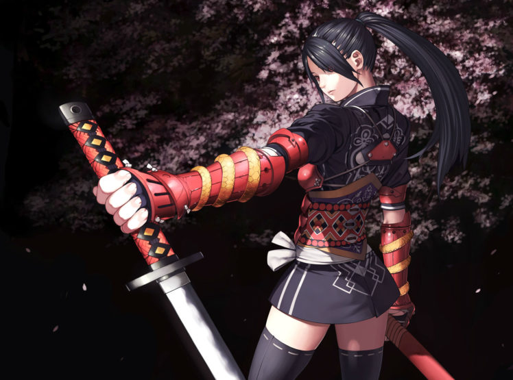 armor, Black, Hair, Brown, Eyes, Cherry, Blossoms, Katana, Kurumayama, Original, Red, Eyes, Sword, Thighhighs, Weapon HD Wallpaper Desktop Background