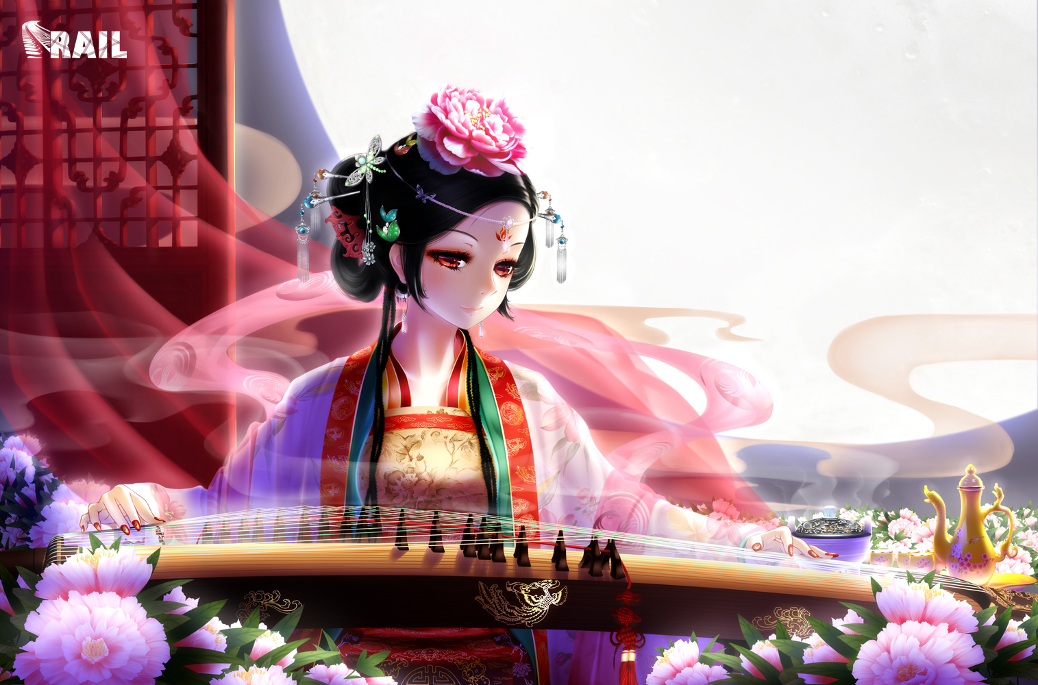 black, Hair, Chinese, Clothes, Flowers, Instrument, Moon, Night, Original, Photoshop, Rail,  silverbow , Red, Eyes, Short, Hair, Tattoo Wallpaper