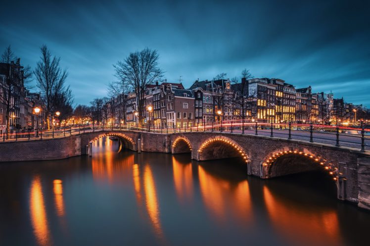 buildings, Amsterdam, City, Nederland, Evening, Globalization, Hotels, Lights, Park, Port, Sea, Sky, Trees, Clouds, Bridge HD Wallpaper Desktop Background