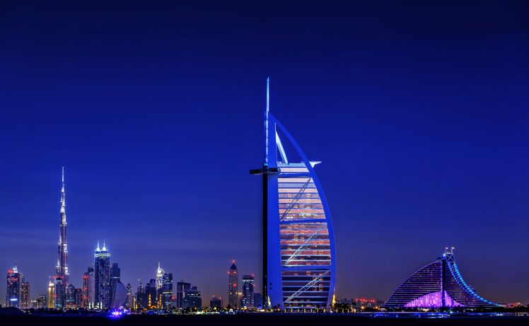 burj, Alarab, Dubai, Arabskaya, Blue, Boats, Buildings, City, Country, Evening, Hotels, Lights, Melbourne, Port, Sea, Sky, Skyscrapers, Globalization, Development, Technology, Gulf HD Wallpaper Desktop Background