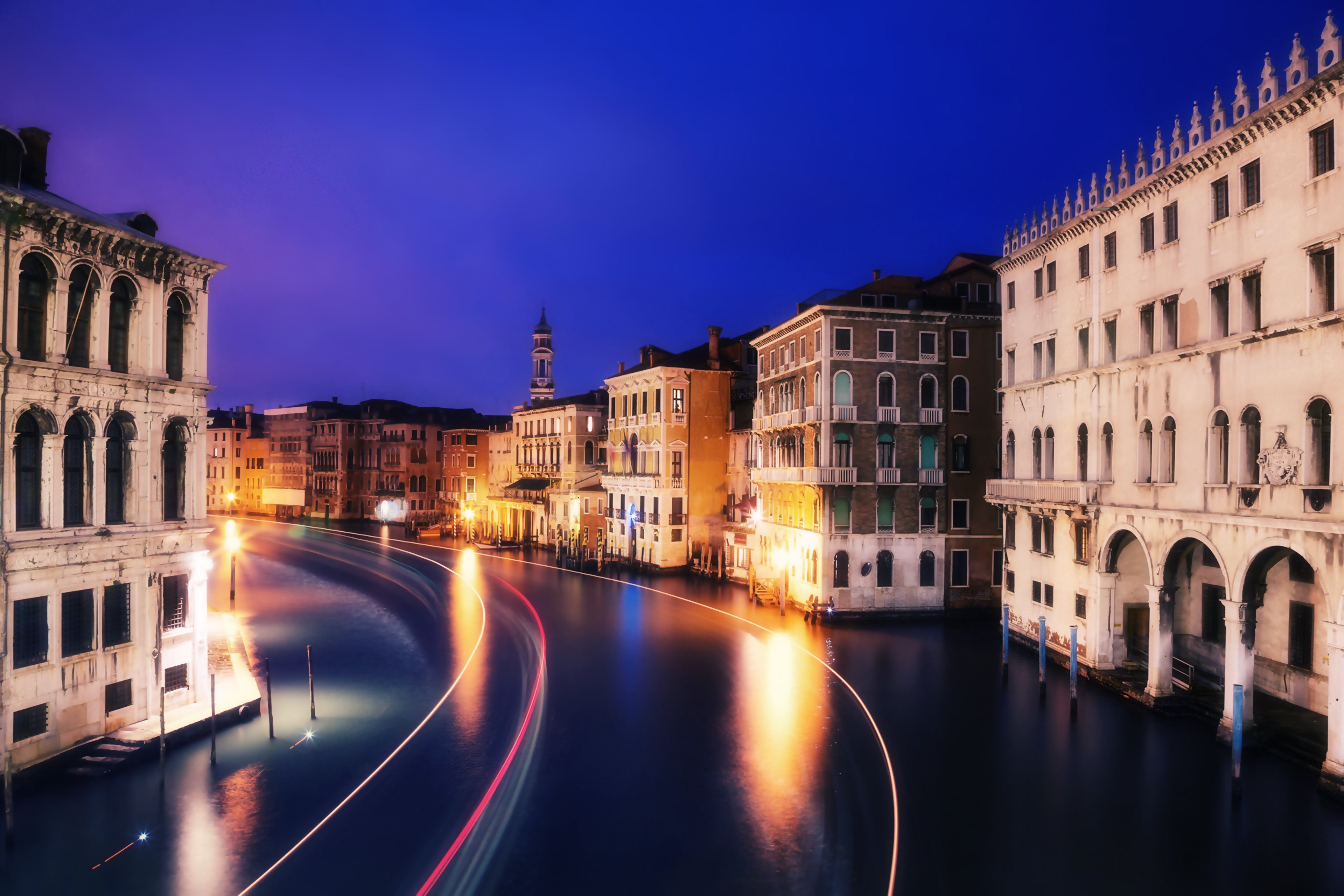 veneciya, Italy, Roads, Sky, Evening, Blue, Lights, Buildings, City, Way Wallpaper