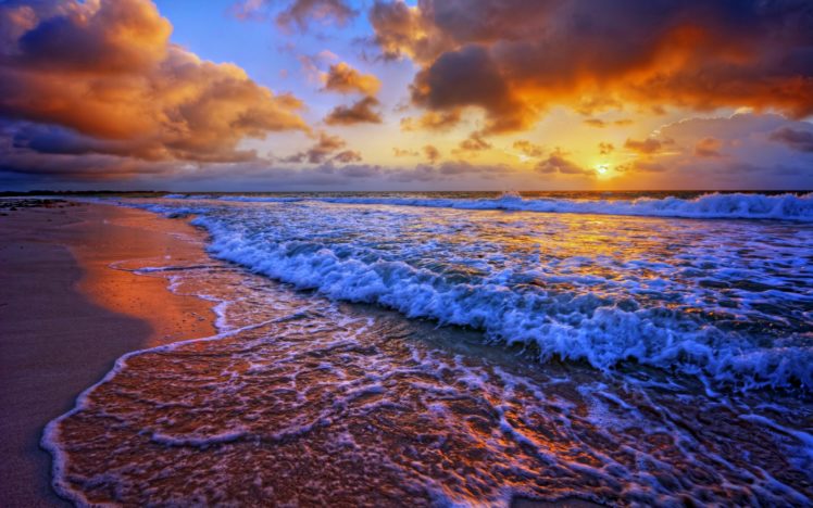 beaches, Sea, Ocean, Waves, Sunset, Sky, Clouds, Landscapes, Nature, Earth HD Wallpaper Desktop Background