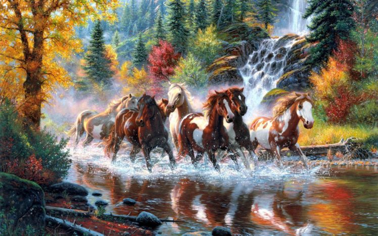 landscape, Nature, Tree, Forest, Woods, River, Horse, Artwork, Painting, Waterfall, Autumn, Country, Wester, Native, American, Indian HD Wallpaper Desktop Background