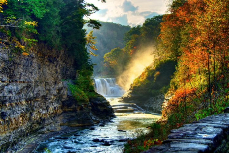 landscape, Nature, Tree, Forest, Woods, Autumn, River, Waterfall HD Wallpaper Desktop Background
