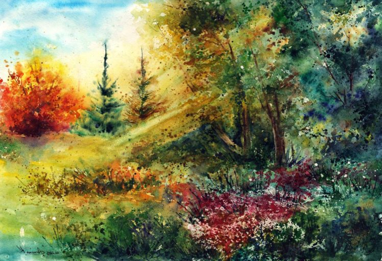 landscape, Nature, Tree, Forest, Woods, Artwork, Painting, Spring, Garden HD Wallpaper Desktop Background