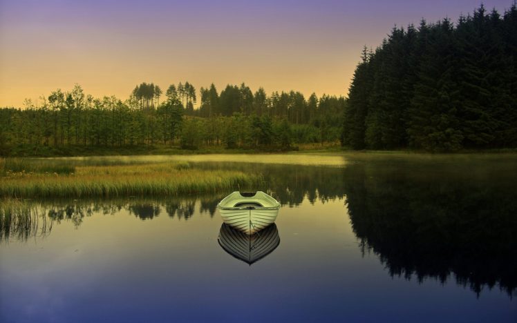 nature, Landscape, Dawn, Boat, Lake, Forest HD Wallpaper Desktop Background