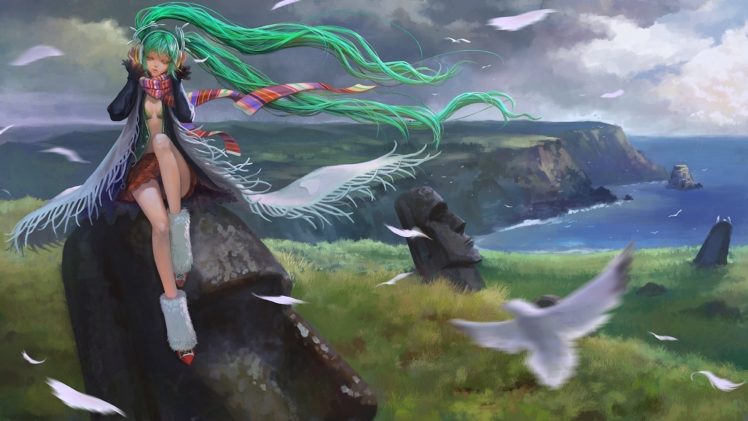 stones, Girl, Easter, Island, Vocaloid, Art, Hatsune, Mik HD Wallpaper Desktop Background