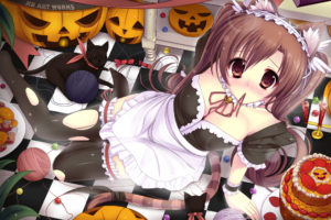 animal, Ears, Blush, Caidychen, Cake, Cat, Cleavage, Halloween, Maid, Original, Tail, Thighhighs