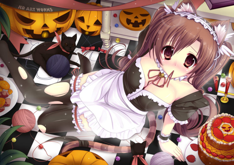 animal, Ears, Blush, Caidychen, Cake, Cat, Cleavage, Halloween, Maid, Original, Tail, Thighhighs HD Wallpaper Desktop Background