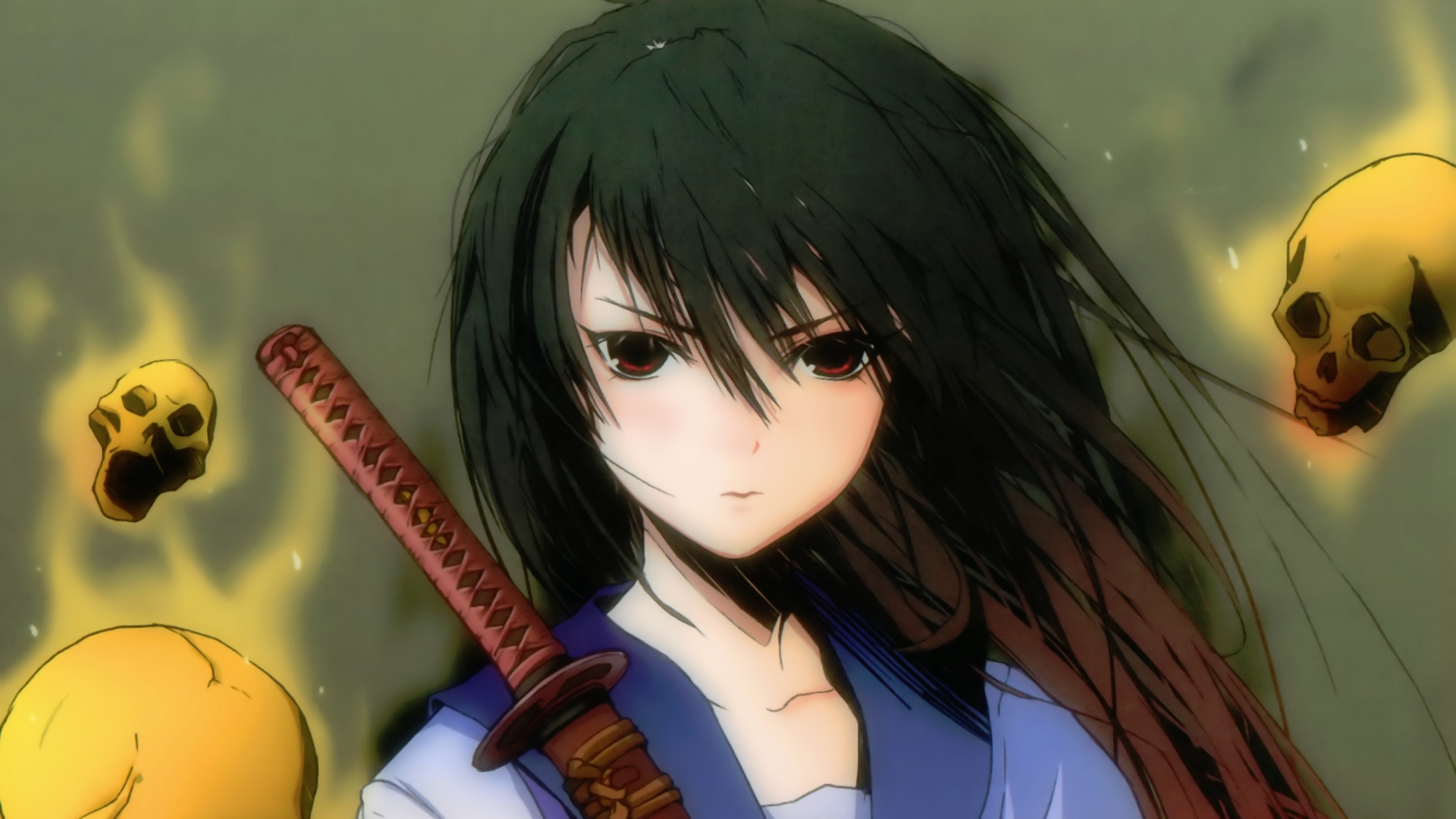black, Hair, Fuyuno, Haruaki, Katana, Original, Red, Eyes, Sword, Weapon Wallpaper