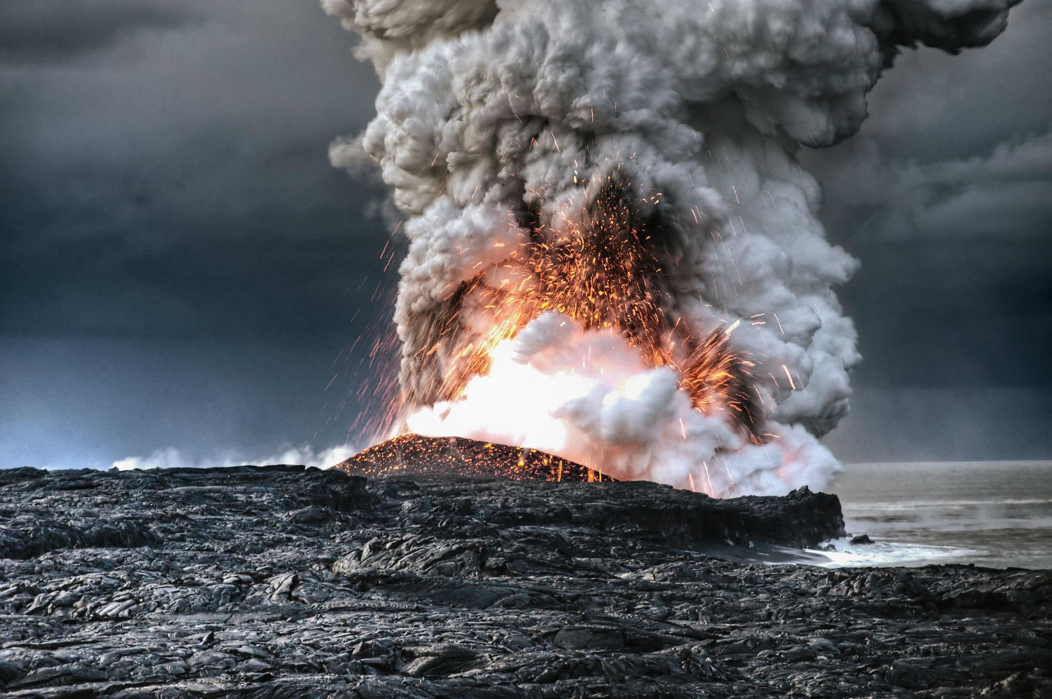 volcano, Mountain, Lava, Nature, Landscape, Mountains, Fire, Ocean, Sea Wallpaper