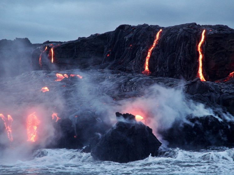 volcano, Mountain, Lava, Nature, Landscape, Mountains, Fire, Ocean, Sea, Beach HD Wallpaper Desktop Background