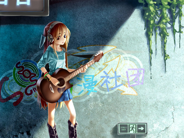 bicolored, Eyes, Brown, Hair, Graffiti, Guitar, Headphones, Instrument, Original, Suzumiya, Haruhi, No, Yuutsu, Tinmo HD Wallpaper Desktop Background