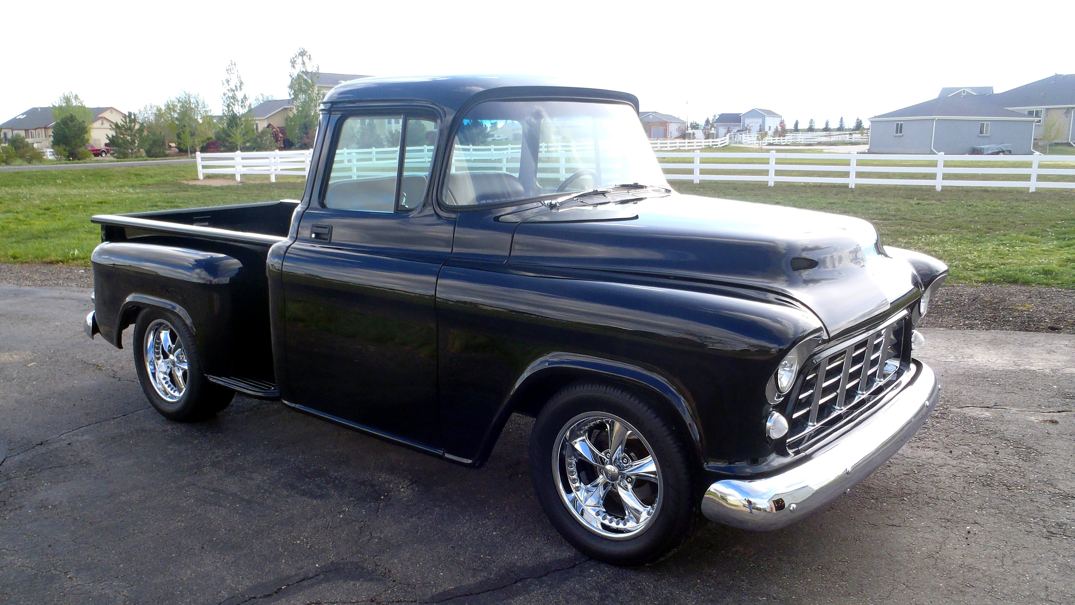 1956, Chevrolet, Chevy, 3100, Pickup, Stepside, Black, Streetrod, Street, Rod, Hot, Usa, 4200x2360 02 Wallpaper