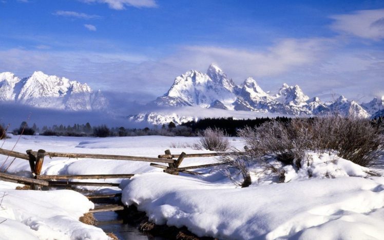 mountains, Landscape, Nature, Mountain, Winter, Fence, River, Stream HD Wallpaper Desktop Background