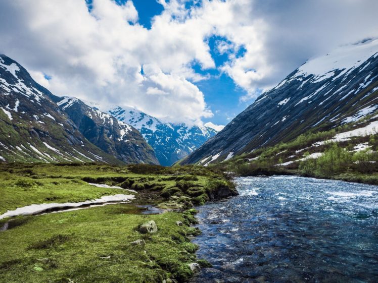 mountains, Landscape, Nature, Mountain, River, Snow, Clouds HD Wallpaper Desktop Background