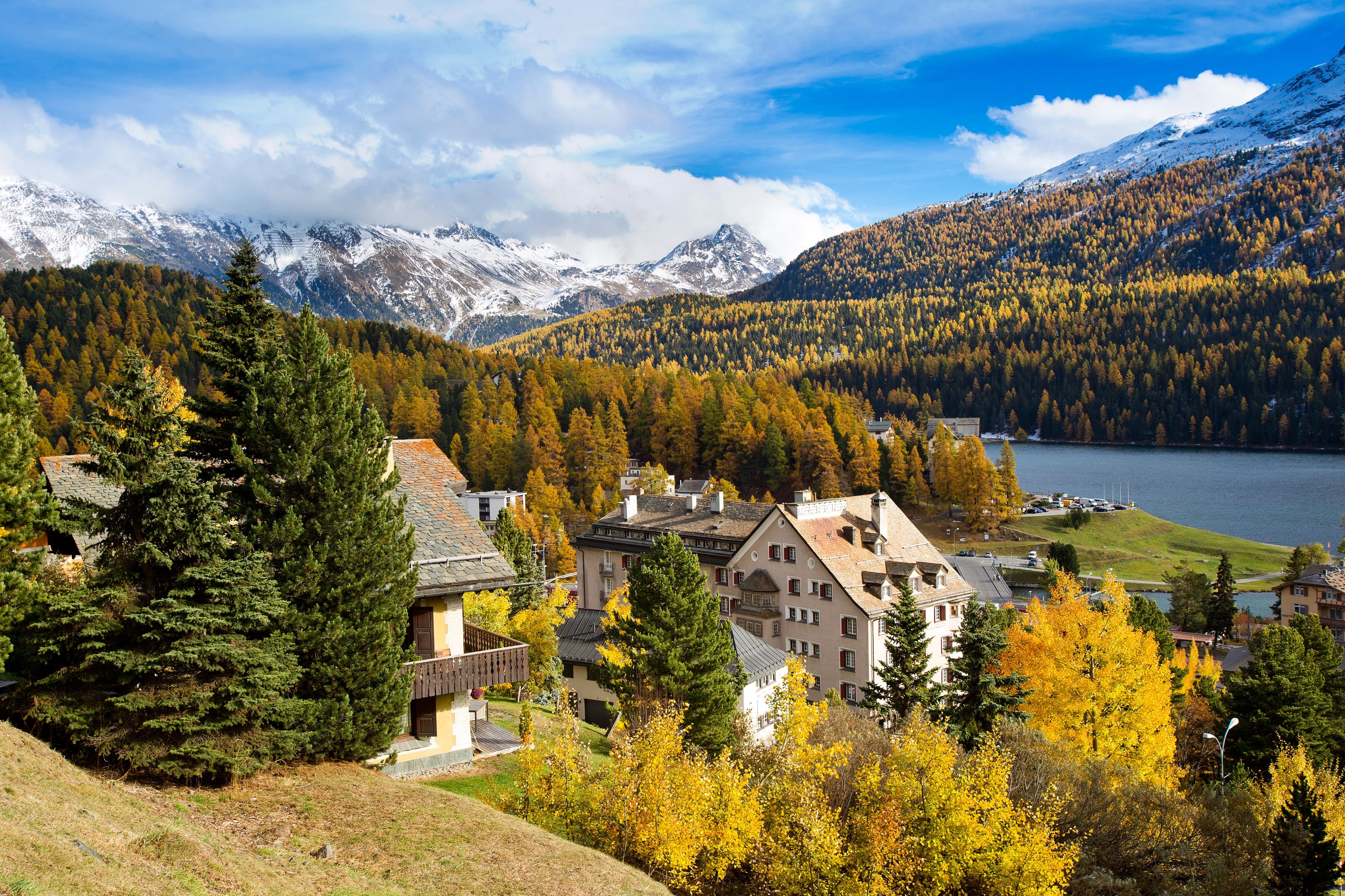 mountains, Landscape, Nature, Mountain, Lake, River, Town, Village, Autumn Wallpaper