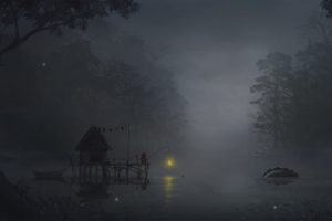 fog, Monster, Fishing, Lake, Forest, Anime, Light, Tree, Sandal