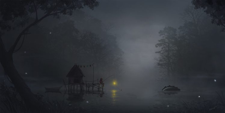fog, Monster, Fishing, Lake, Forest, Anime, Light, Tree, Sandal HD Wallpaper Desktop Background