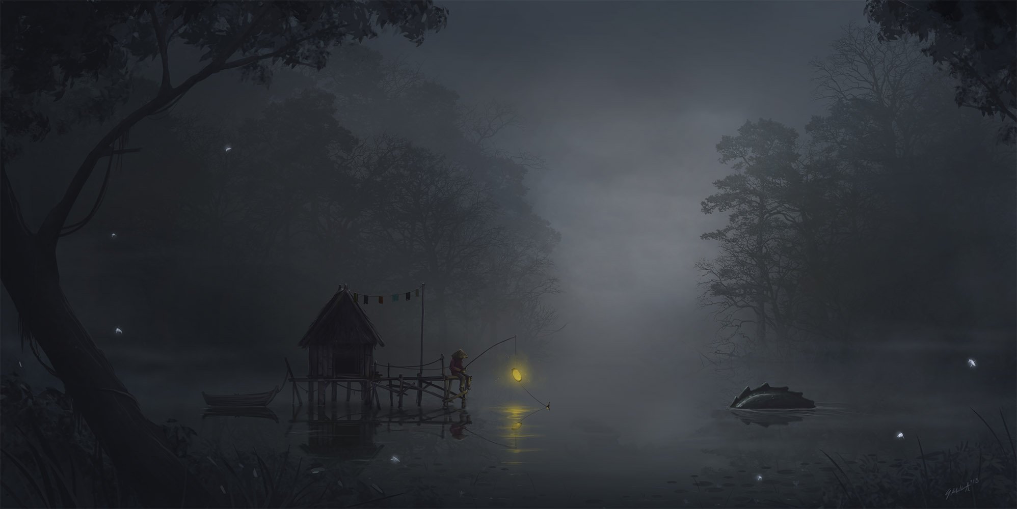 fog, Monster, Fishing, Lake, Forest, Anime, Light, Tree, Sandal Wallpaper