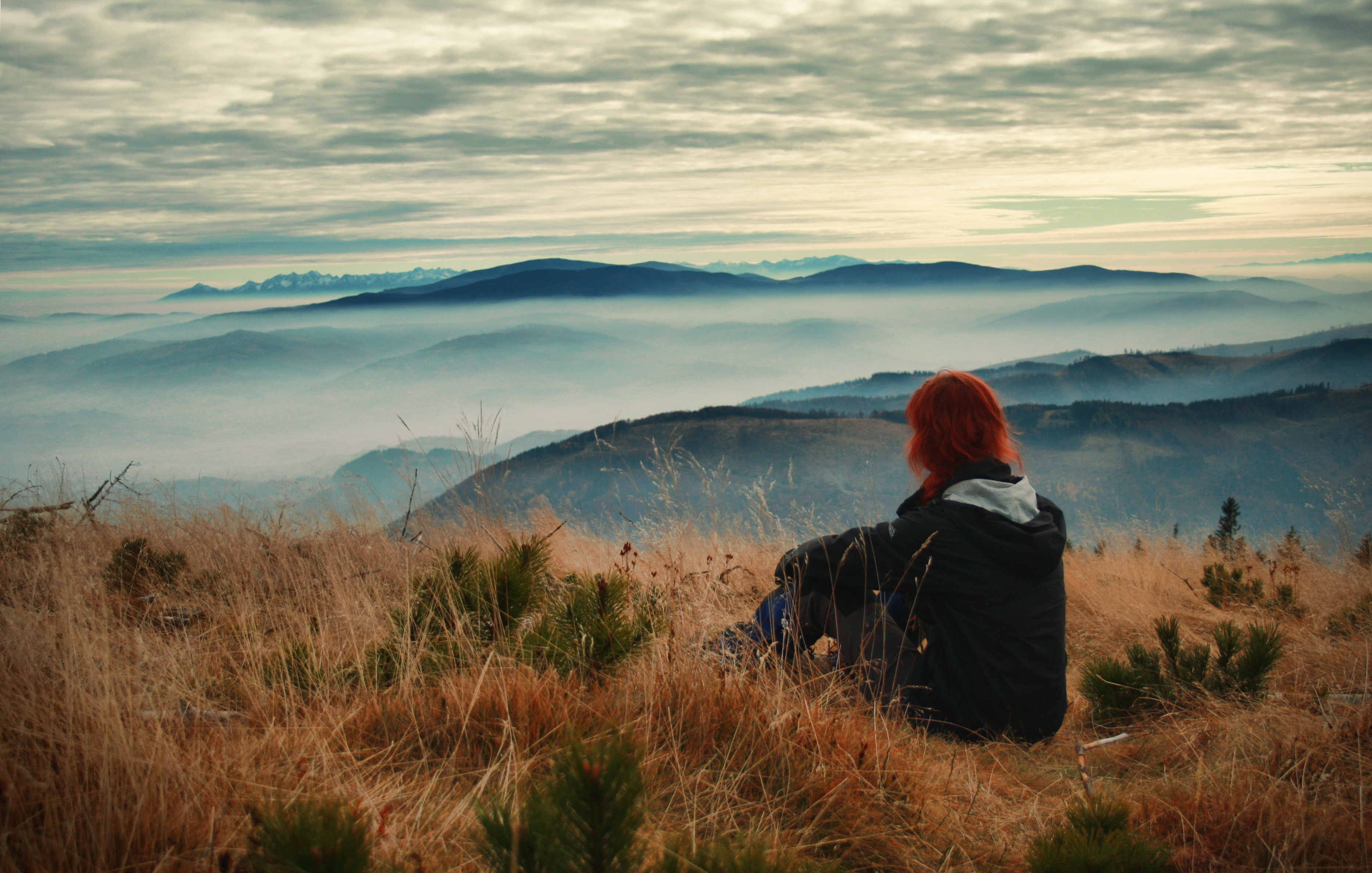 women, Mountains, Clouds, Landscapes, Nature, Redheads, Hills, Mountain, View Wallpaper